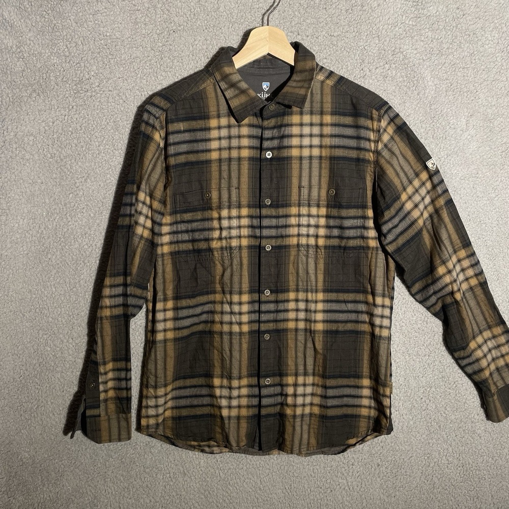 KUHL Men's Fugitive Cotton/Tencel Soft Brown Flannel Plaid Shirt Size Small